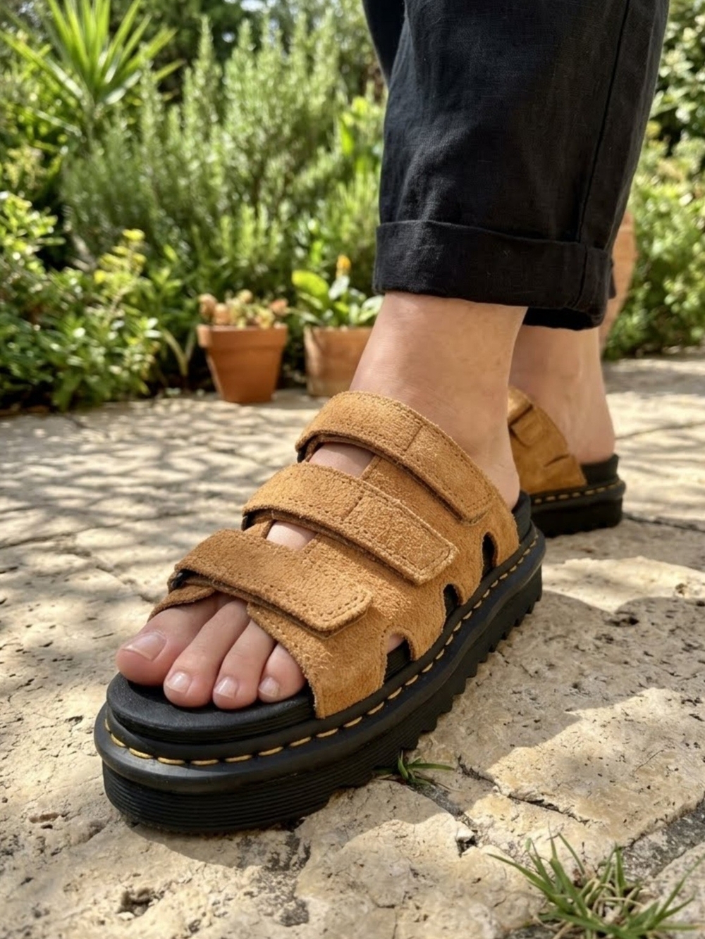 Dr. Martens Raine Slides Athena EH Suede/Leather Sandals Tan Camel Women's Sz 8